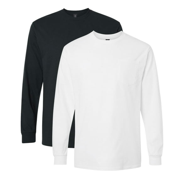 Gildan Men’s Heavyweight Long Sleeve Pocket T-Shirt, 100% Cotton Classic Fit Workwear Casual Tee (Black+White 2 Pack, 2XL)