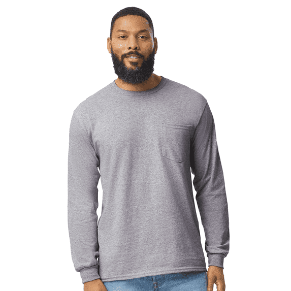Gildan Men's Ultra Cotton Long Sleeve Pocket T-Shirt, Crew Neck Sport Grey Blank Durable Tee, L