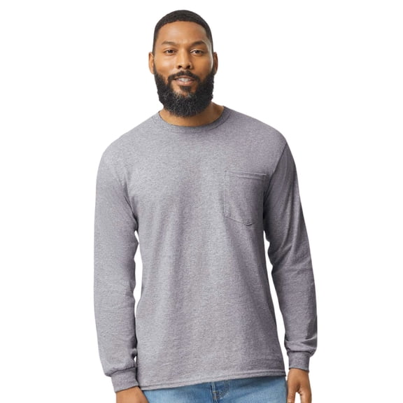 Gildan Men’s Heavyweight Long Sleeve Pocket T-Shirt, 100% Cotton Classic Fit Workwear Casual Tee (Sport-Grey, S)