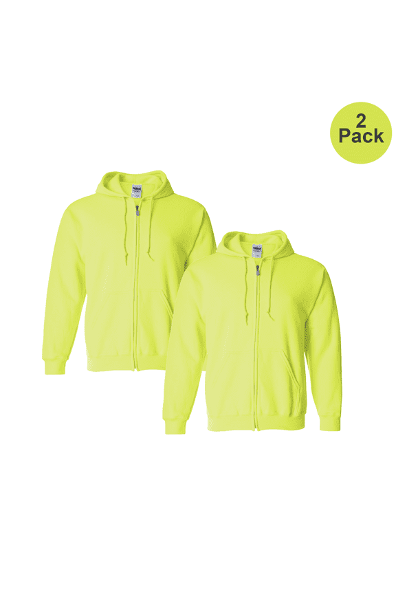 Men's Hi Vis Full-Zip Hooded Sweatshirt Safety Green, Heavy Blend Fleece Hoodie, 2-Pack, XL