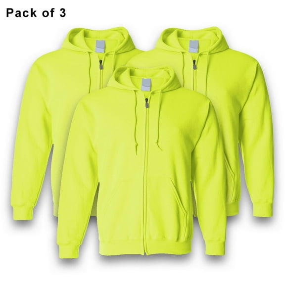 Gildan Men's Hi Vis Full-Zip Hoodie Safety Green, Durable Heavy Blend Hooded Sweatshirt, 3-Pack, XL