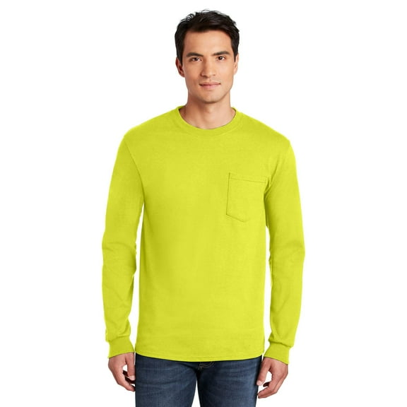 Gildan Men’s Hi-Vis Long Sleeve Pocket T-Shirt, Durable, Crewneck Work Tee, Safety Green, L
