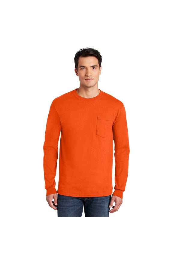 Men’s Hi-Vis Long Sleeve Pocket T-Shirt, Durable, Crewneck Work Tee, Safety Orange, L