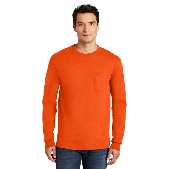 Gildan Men’s Hi-Vis Long Sleeve Pocket T-Shirt, Durable, Crewneck Work Tee, Safety Orange, S