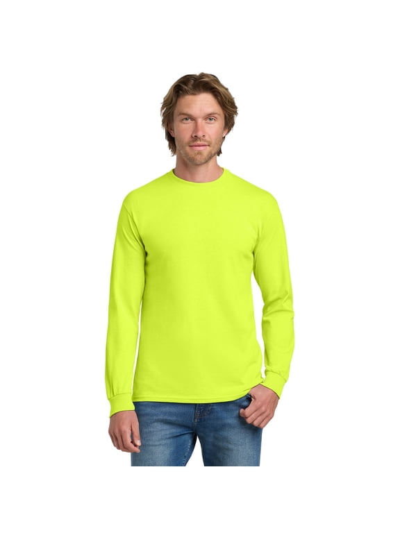 Men’s Hi-Vis Long Sleeve Safety T-Shirt, Durable Work Tee, Heavy Cotton, Safety Green, XL