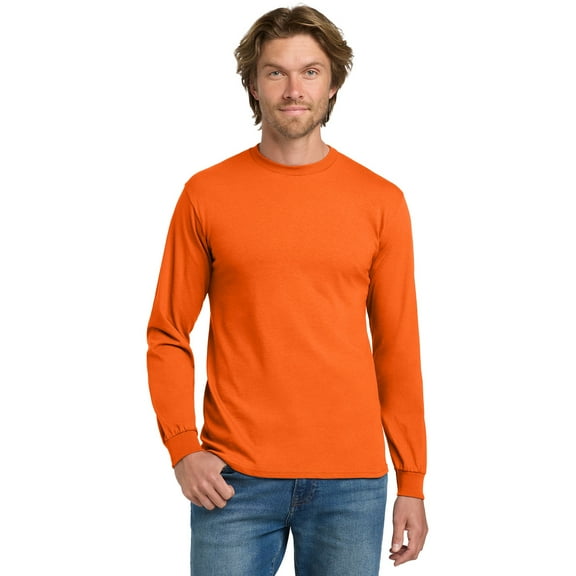 Gildan Men’s Hi-Vis Long Sleeve Safety T-Shirt, Durable Work Tee, Heavy Cotton, Safety Orange, M