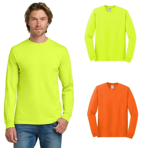 Gildan Men’s Hi-Vis Long Sleeve Safety T-Shirt, Heavy Cotton, Safety Green and Orange, M, 2-Pack
