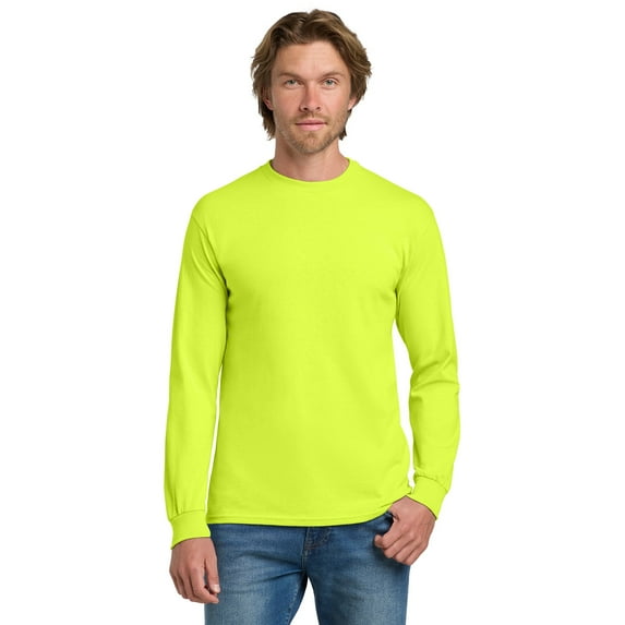 Gildan Men’s Hi-Vis Long Sleeve Safety T-Shirt, Durable Work Tee, Heavy Cotton, Safety Green, L