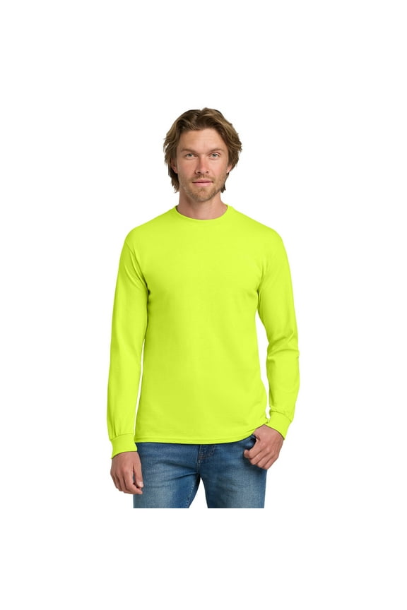 Men’s Hi-Vis Long Sleeve Safety T-Shirt, Durable Work Tee, Heavy Cotton, Safety Green, L