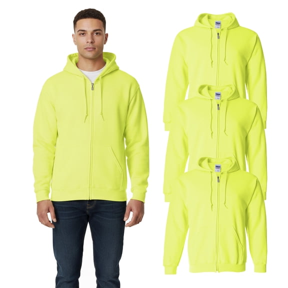 Gildan Men's Hi-Vis Safety Green Full-Zip Hoodie, Warm Zip Jacket Work Hooded Sweatshirt, 3 Pack, S