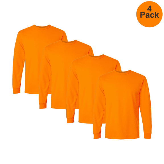 Gildan Men's Hi-Vis Ultra Cotton Long Sleeve T-Shirt, Moisture-Wicking Safety Orange Tee 4-Pack, L
