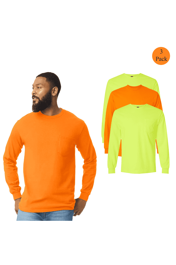 Men's Hi-Vis Ultra Cotton Long Sleeve T-Shirt, Safety Green and Orange Pocket Tee, 3-Pack, L