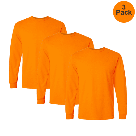 Gildan Men's Hi-Vis Ultra Cotton T-Shirt, Long Sleeve Crew Neck Workwear, Safety Orange, 3-Pack, L