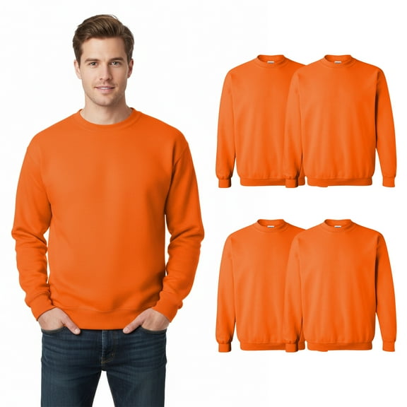 Gildan Men's Hi-Vis Work Sweatshirt, Crewneck Pullover, Work Fleece, Safety Orange, 4-Pack, L