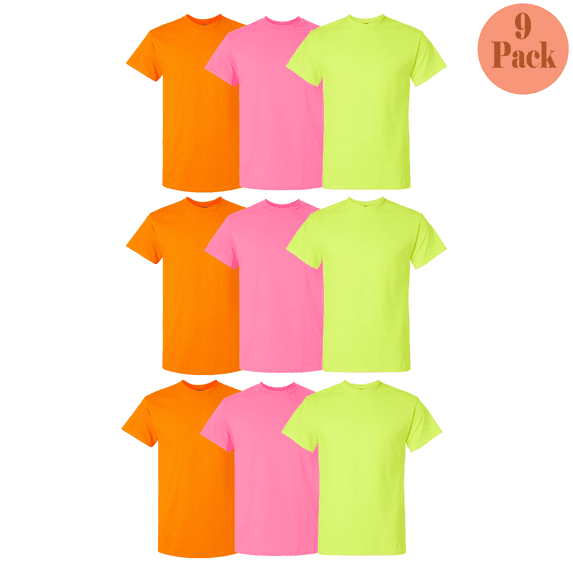 Gildan Men's Hi-Vis Workwear Tee, Short Sleeve, Safety Orange/Green/Pink, Cotton/Poly, 9-Pack, 3XL