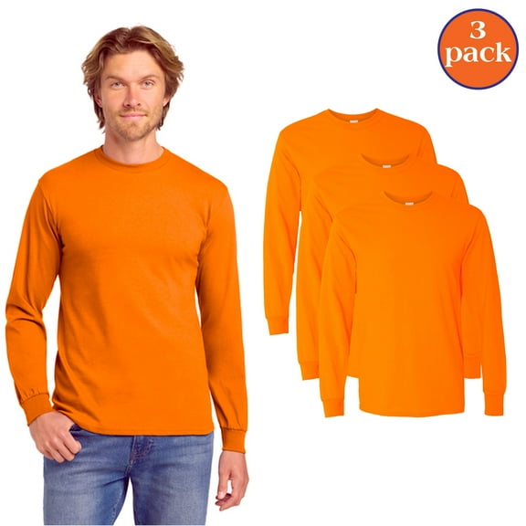 Gildan Men's High Visibility Safety Long Sleeve Tee, Orange Workwear Shirt, 3-Pack Safety T-Shirt, M