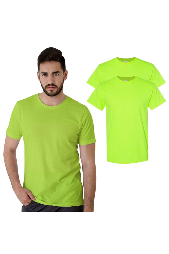 Men’s High Visibility Short Sleeve T Shirt with Safety Green | 5.3 Oz 50/50 Cotton/Polyester Hi Vis T Shirts, Pack 2 Size L