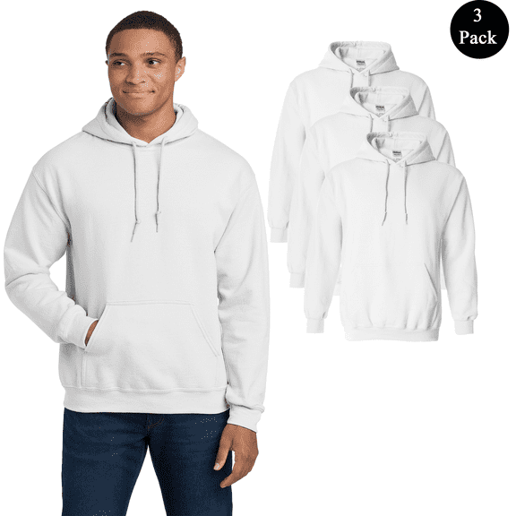 Gildan Men's Hooded Sweatshirt, Heavy Blend Long Sleeve Classic White Hoodie with Pocket, 3 Pack, S