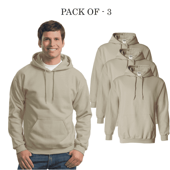 Gildan Men's Hooded Sweatshirt Sand Color with Pocket - Warm Fleece Cozy Heavy Blend 50/50 Cotton/Polyester, Pack 3, Size-XL | Casual Hoodie