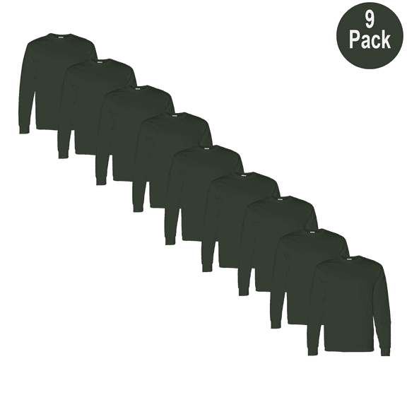 Gildan Men's Long Sleeve Crew Neck T-Shirt, Heavy Cotton Classic Fit Tee, Forest, Size XL, 9 Pack