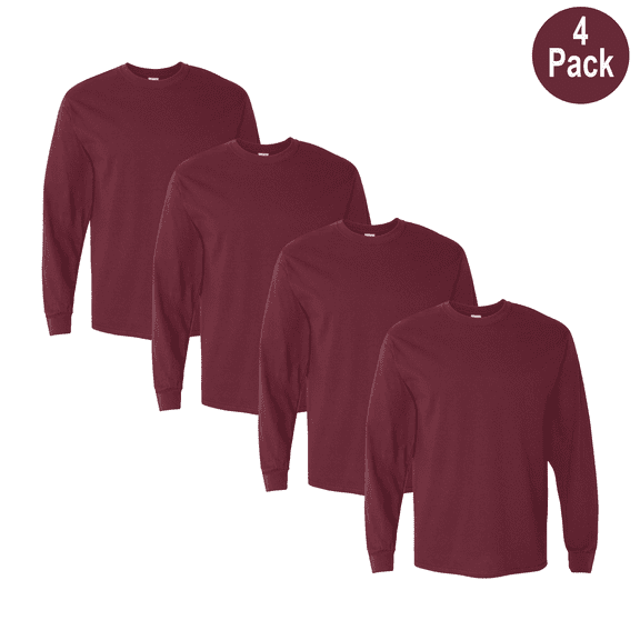 Gildan Men's Long Sleeve Crew Neck T-Shirt, Heavy Cotton Comfortable Bulk Tee, Maroon, XL, 4 Pack