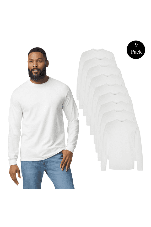 Men's Long Sleeve Heavy Cotton T-Shirt, Durable Crew Neck Casual Blank White Tee, 9 Pack, 3XL