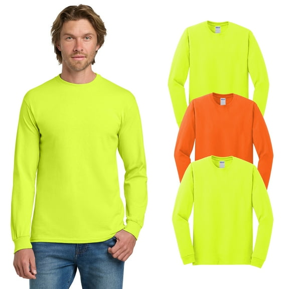 Gildan Men’s Long Sleeve Hi-Vis Safety T-Shirt, Heavy Cotton, Safety Green and Orange, 3-Pack, XL
