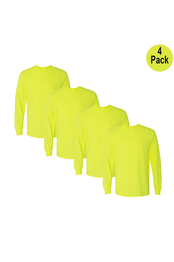Men's Long Sleeve Hi Vis T-Shirt, Heavy Cotton Crew Neck Tee, Safety Green, Size XL, 4 Pack