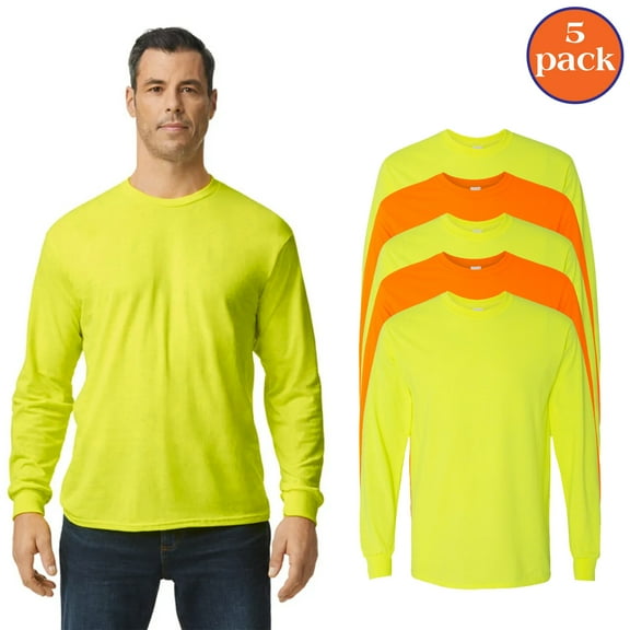 Gildan Men's Long Sleeve Safety Workwear, High Visibility Safety T-shirt, Safety Orange & Green, Pack 5, L