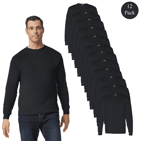 Gildan Men's Long Sleeve T-Shirt, Heavy Cotton Crew Neck, Classic Fit Tee, Black Color, L, 12 Pack