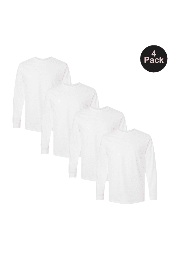 Men's Long Sleeve Ultra Cotton T-Shirts, Comfortable Crew Neck Classic Tee, White 4-Pack, L