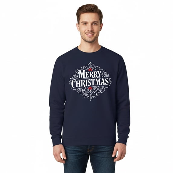 Gildan Men's Merry Christmas Crewneck Sweatshirt, Christmas Funny Graphic Printed Shirt, Navy, XL