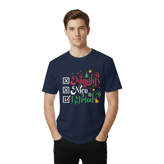 Gildan Men's Naughty Nice Graphic Tee for Christmas, Short Sleeve Navy Holiday T-Shirt, L Size