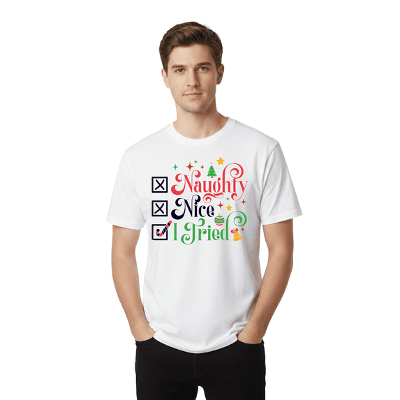Gildan Men's Naughty Nice Graphic Tee for Christmas, Short Sleeve White Holiday T-Shirt, S Size
