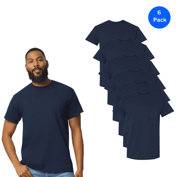 Gildan Men's Navy Pocket T-Shirt, Short Sleeve, 6 Pack, Size S-5XL, Classic Fit 100 cotton Tee