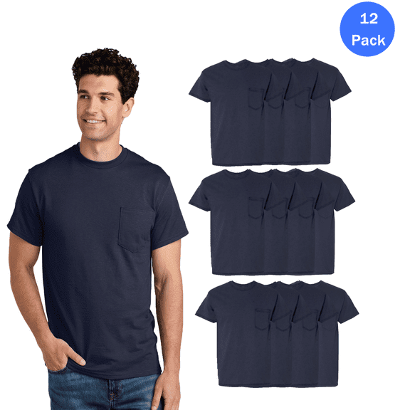 Gildan Men's Navy Short Sleeves T-Shirt, Crewneck Havey Cotton with Single Chest Pocket Tee, 12 Pack, Size XL
