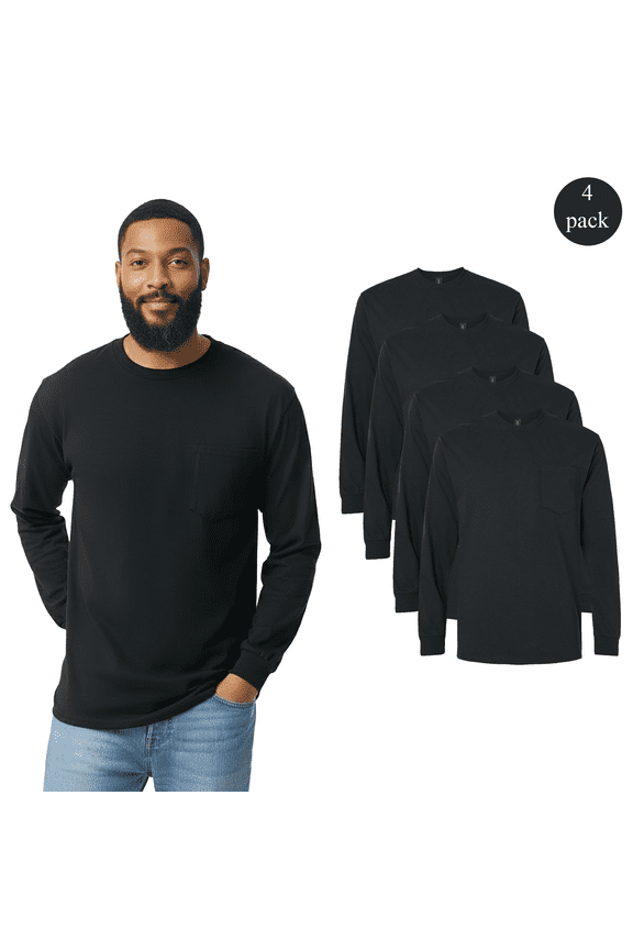 Men’s Pocket T-Shirt, Crewneck 100% Cotton Black Pocket Tee, 4 Pack Casual Shirt, XL