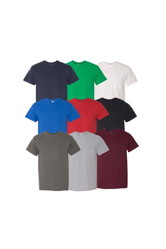 Men's Pocket T-Shirt, Heavy Cotton Short Sleeve Assorted Tee, Mix Color Bulk, M, 9 Pack