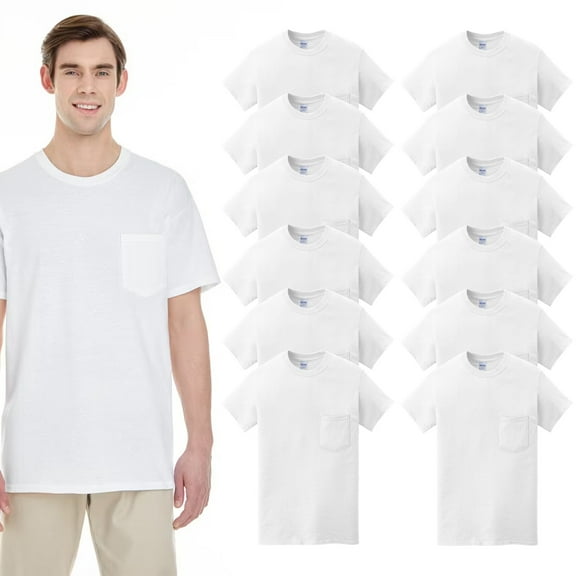 Gildan Men’s Pocket T-Shirt, Heavy Cotton Short Sleeve White Tee, Sizes-2XL, Bulk of 12-Pack