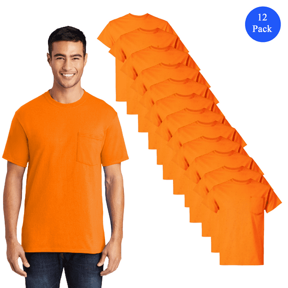 Gildan Men's Pocket T-Shirt, High Vis Crew Neck Short Sleeve Durable Work Tee, Safety Orange, 12 Pack, S
