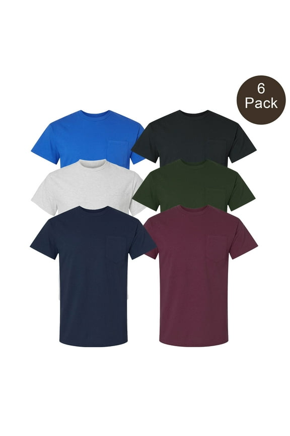 Men’s Pocket T-Shirt, Short Sleeve Crew Neck Cotton Assorted Color Tee, Size S&nbsp;6 Pack