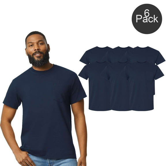 Gildan Men's Pocket T-Shirt, Short Sleeve Crew Neck Cotton Bulk Tee, Navy, Pack of 6, S