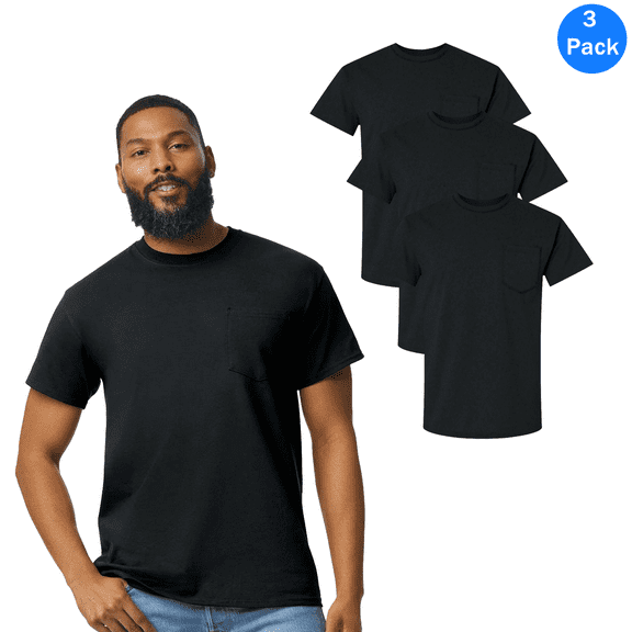 Gildan Men's Pocket T-Shirts, Ultra Cotton Crewneck Short Sleeve 3-Pack Casual Black Tees, Size M