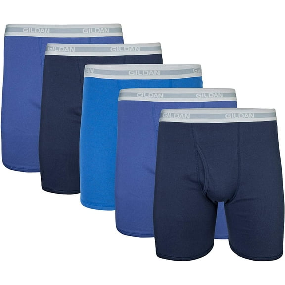 Gildan Men's Regular Leg Boxer Briefs, Multipack, Navy/Metro Blue/Antique Royal (5-Pack), 2X-Large