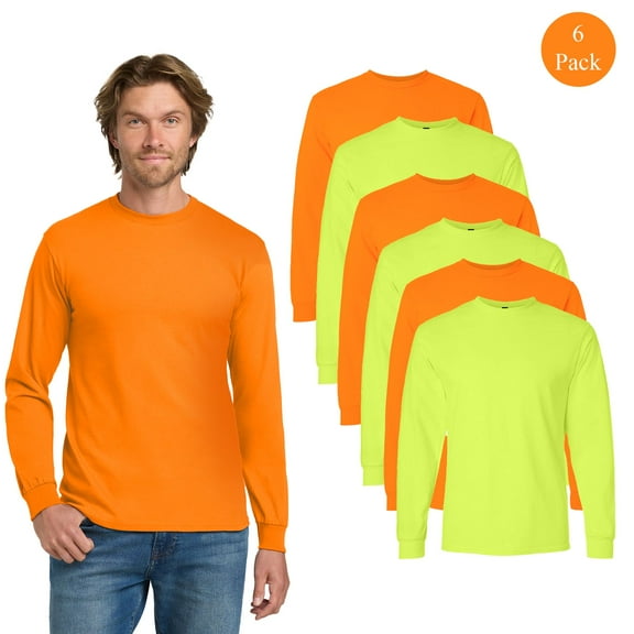Gildan Men’s Safety Long Sleeve T-Shirt, Comfortable Workwear, Green & Orange, Pack of 6, 3XL