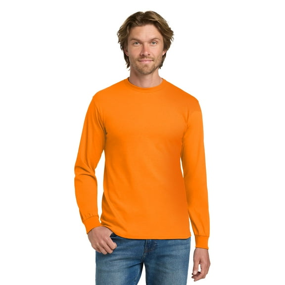 Gildan Men’s Safety Long Sleeve T-Shirt, Hi Vis Workwear, Worksite safety clothing, Safety Orange, S