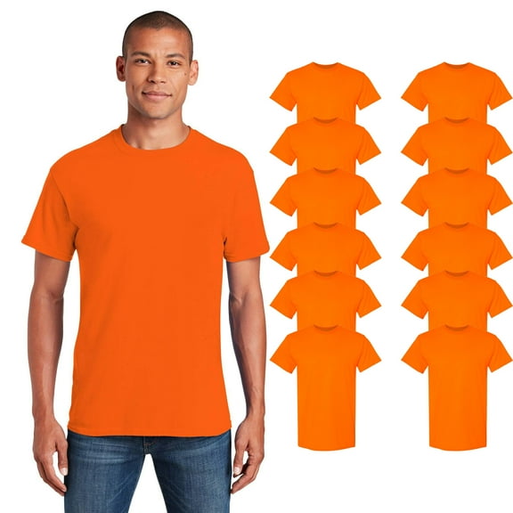 Gildan Men’s Safety Short Sleeve T-Shirt, Heavy Cotton, Hi Visibility Workwear, Safety Orange, Pack 12, M