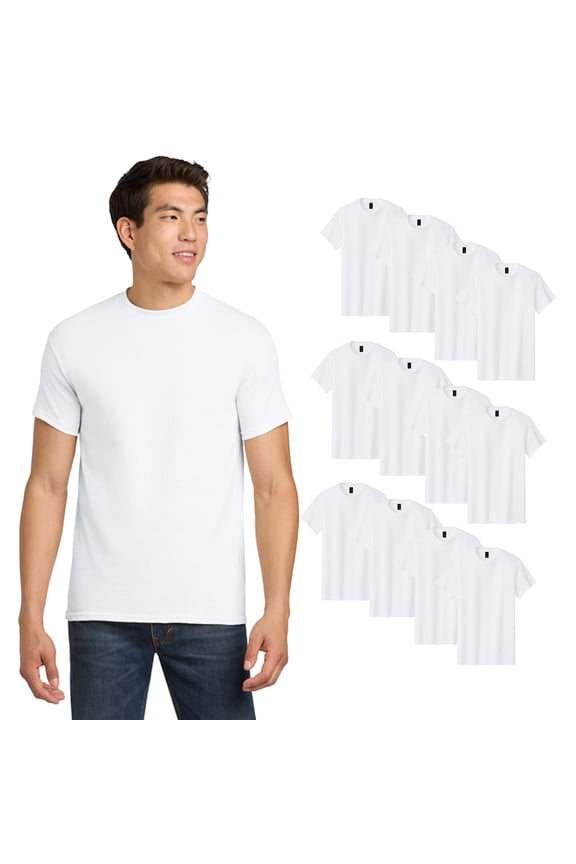 Men's Short Sleeve Heavy Cotton T-Shirt, Comfortable Crewneck Bulk Tee, 3XL, White, 12 Pack