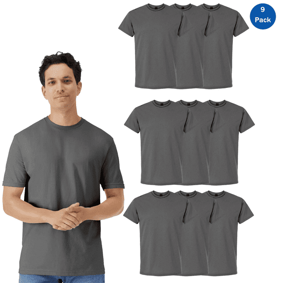 Gildan Men's Short Sleeve T-Shirt, Crew Neck 100% Light Cotton Charcoal Casual Tee, 9 Pack, M