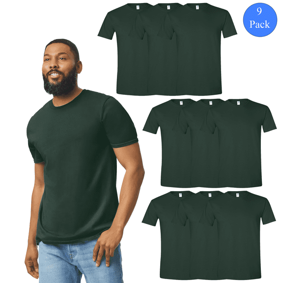 Gildan Men's Short Sleeve T-Shirt, Fashion Fit, Soft Touch Fabric, Solid Color Cotton Tee, Forest, 9 Pack, L